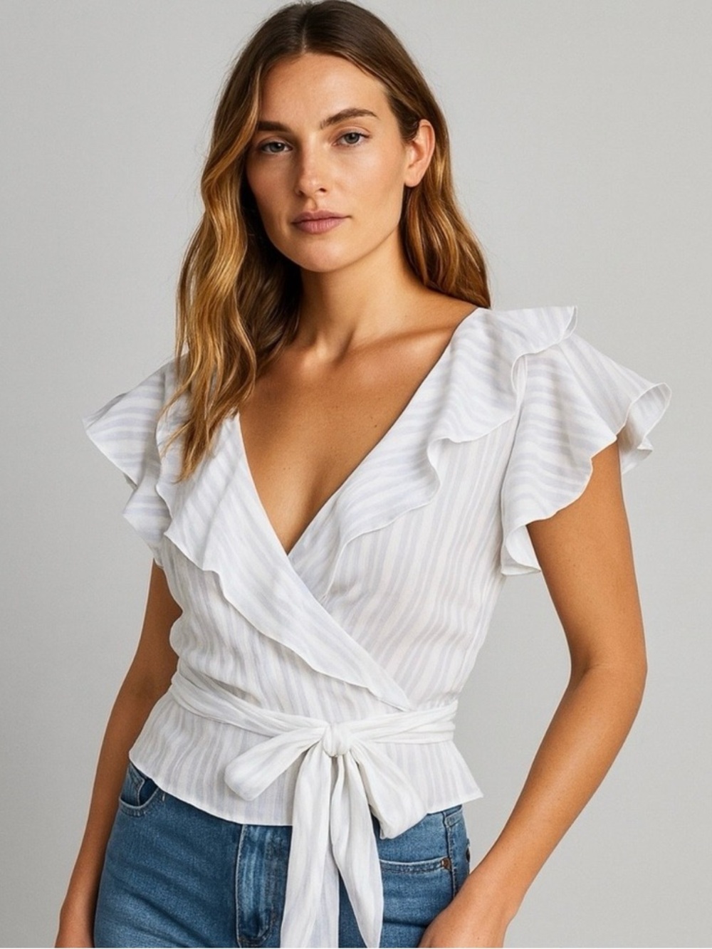 Misa Los Angeles White Ruffle Wrap Blouse with Tie Waist